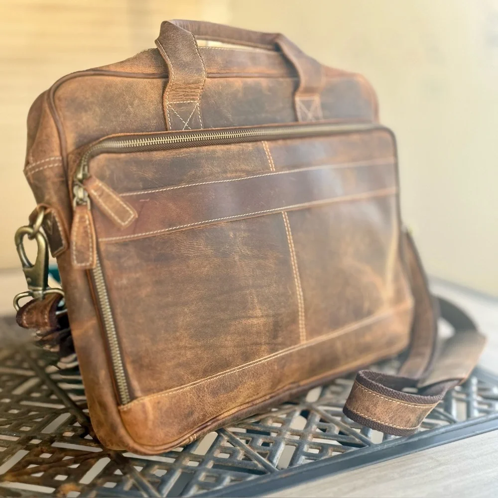 KomalC Leather Messenger Bag 18” Brown Distressed Laptop Bag Briefcase